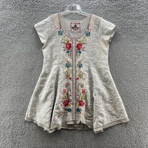 Johnny Was Dress Medium Beige Linen Embroidered Floral Boho Tunic Top Mini Dress